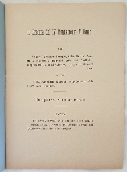 R. PRETURA DEL IV MANDAMENTO PER GARIBALDI GIUSEPPE, ANITA, ROSITA …