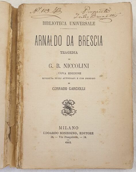 ARNALDO DA BRESCIA TRAGEDIA DI G. B. NICCOLINI