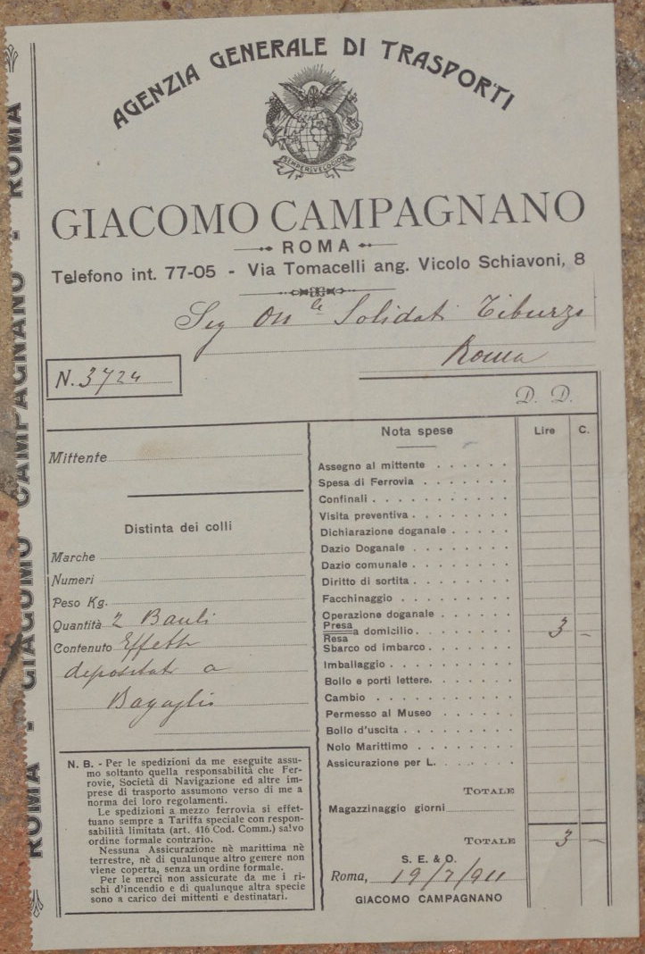 AGENZIA GENERALE DI TRASPORTI GIACOMO CAMPAGNANO ROMA 19 LUGLIO 1911