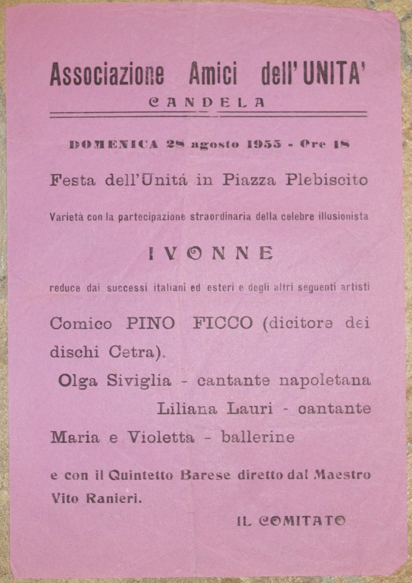 ASSOCIAZIONE AMICI DELL'UNITA CANDELA DOMENICA 28 AGOSTO 1955 - ORE …