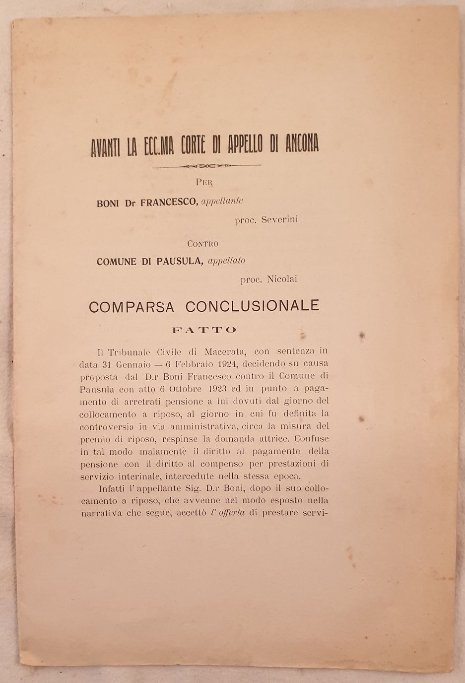 AVANTI LA ECC.MA CORTE DI APPELLO DI ANCONA PER BONI …
