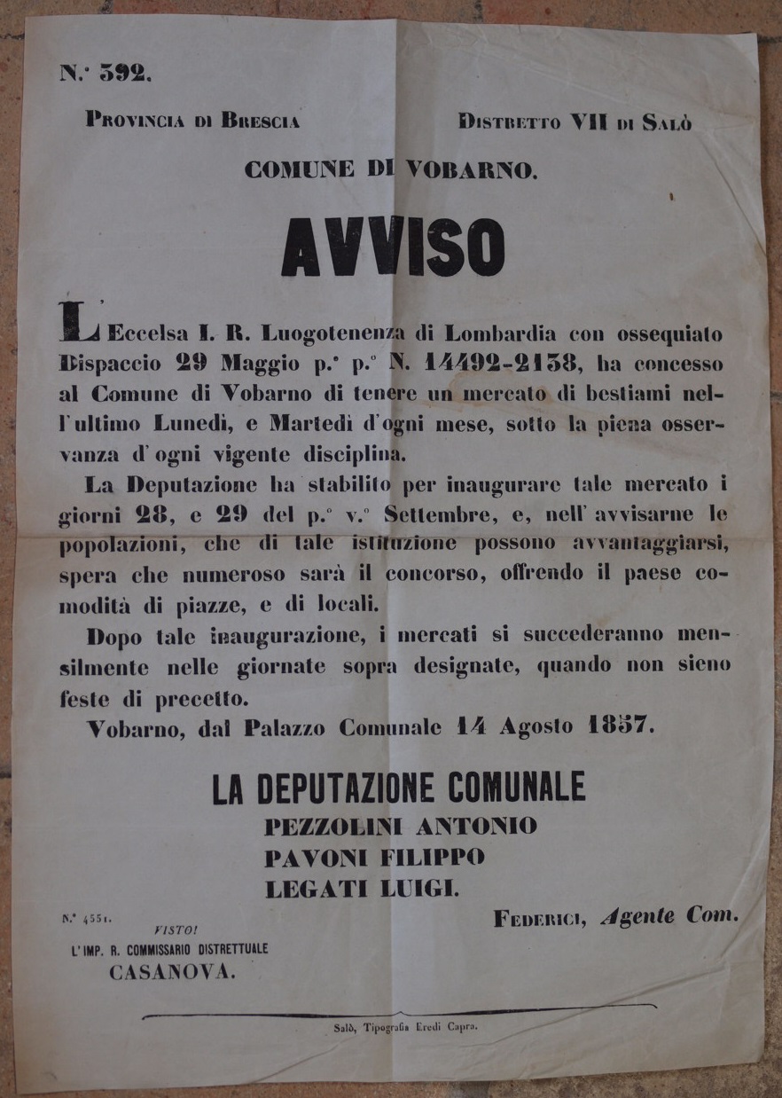 AVVISO DAL PALAZZO COMUNALE 14 AGOSTO 1857 N. 392 PROVINCIA …