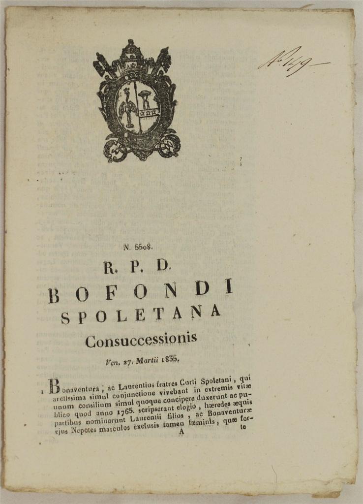 BOFONDI SPOLETANA CONSUCCESSIONIS VEN. 27 MARTII 1835