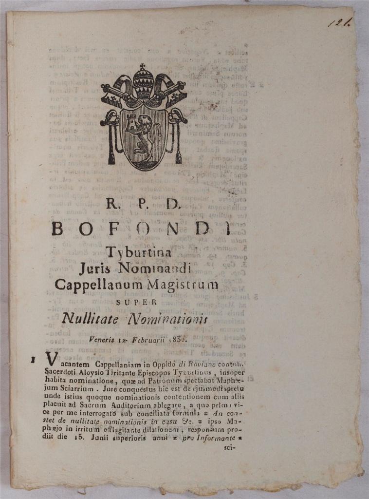 BOFONDI TYBURTINA JURIS NOMINANDI CAPELLANUM MAGISTRUM SUPER NULLITATE NOMINATIONIS VENERIS …