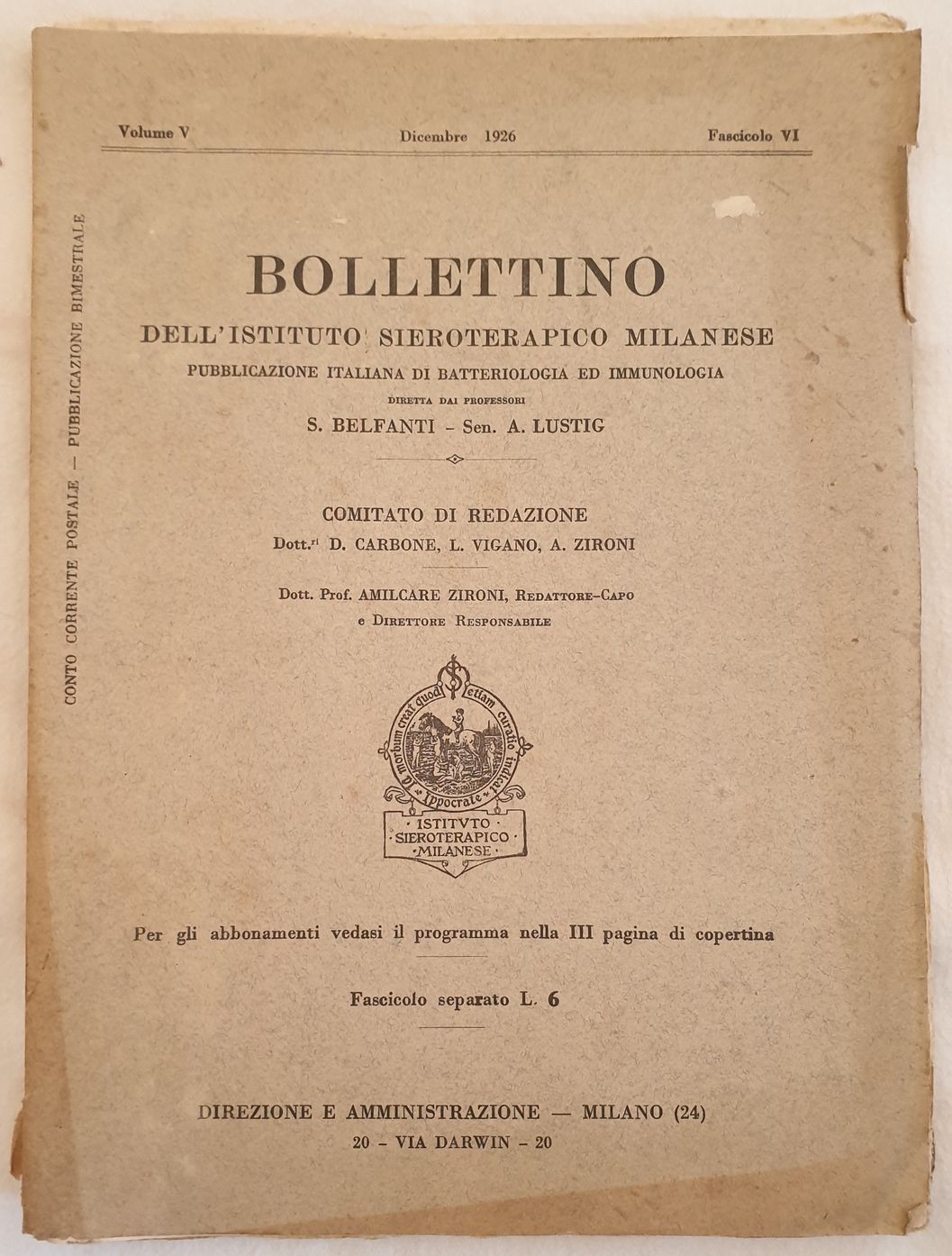 BOLLETTINO DELL'ISTITUTO SIEROTERAPICO MILANESE DICEMBRE 1926