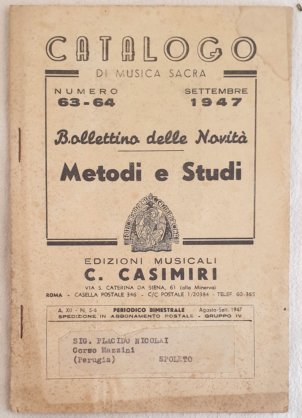CATALOGO DI MUSICA SACRA NUMERO 63 64 SETTEMBRE 1947 BOLLETTINO …