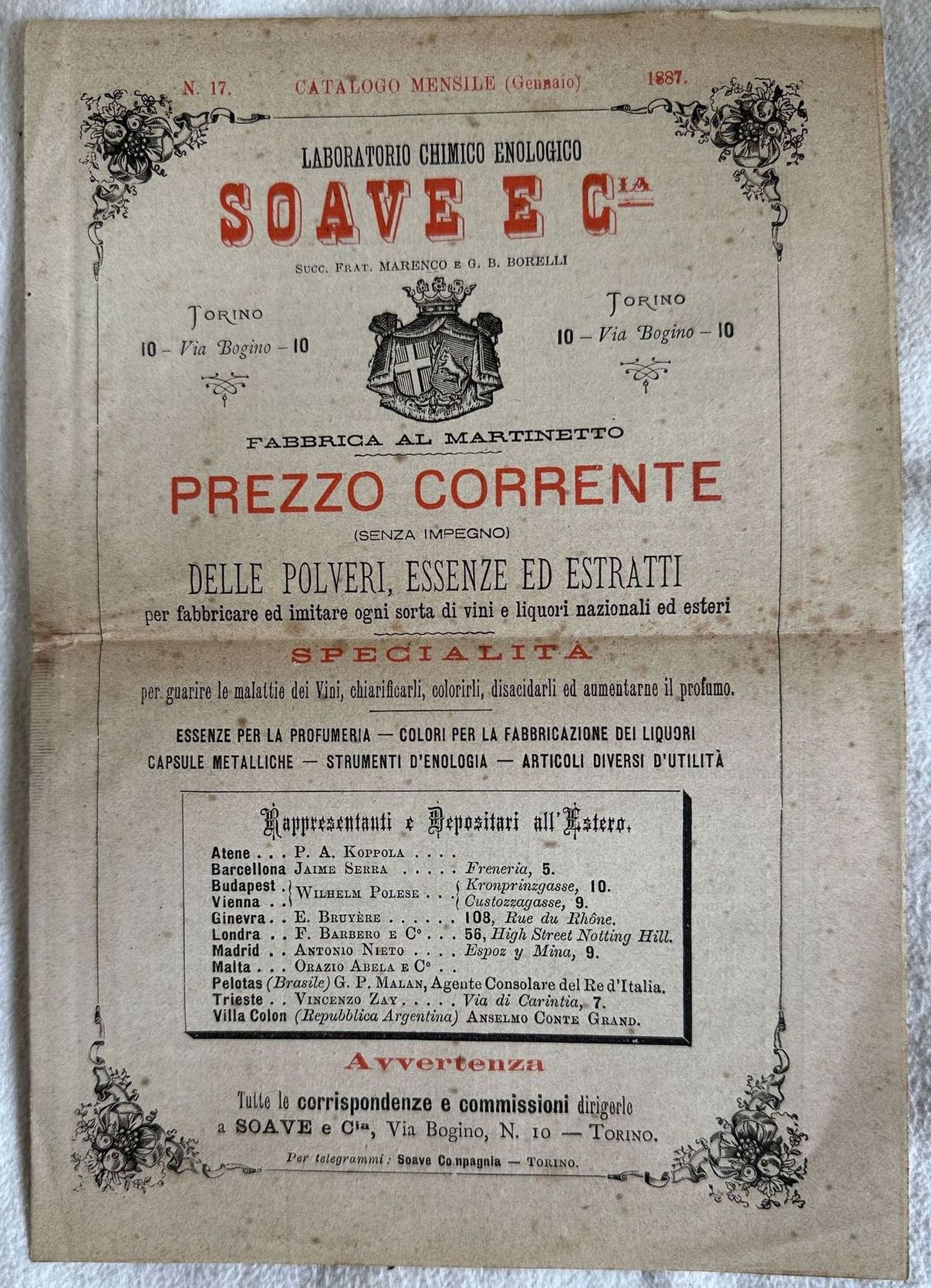 CATALOGO MENSILE GENNAIO 1887 LABORATORIO CHIMICO ENOLOGICO SOAVE E C.IA …