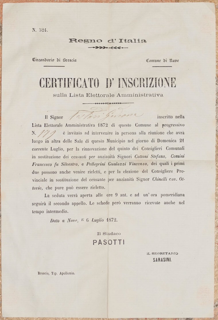 CERTIFICATO D'INSCRIZIONE SULLA LISTA ELETTORALE AMMINISTRATIVA 1872