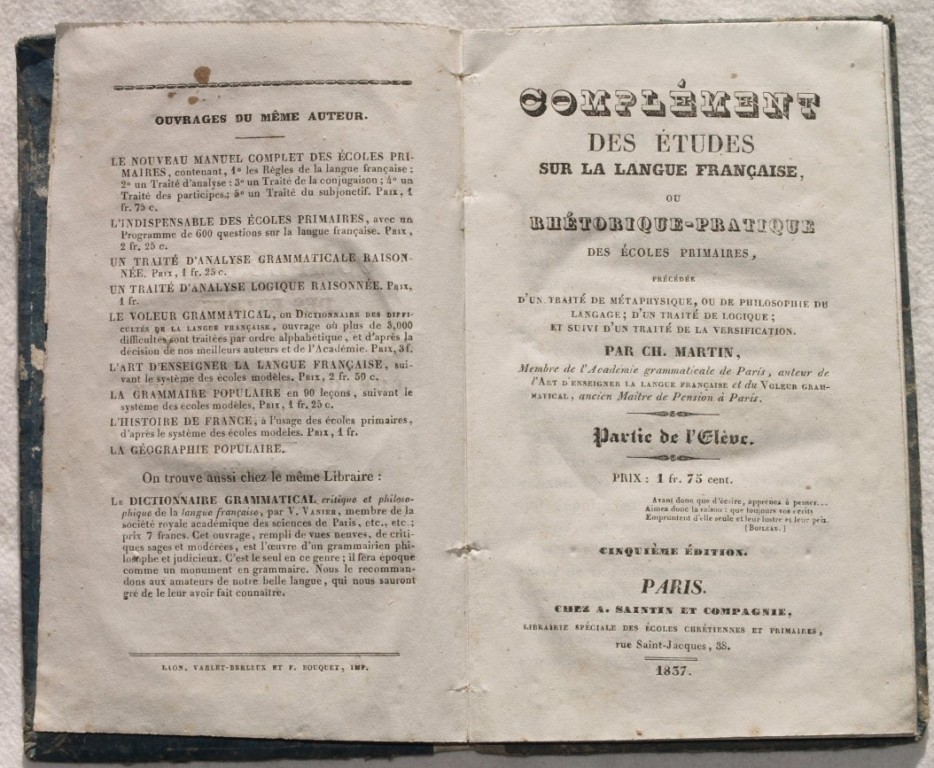 COMPLEMENT DES ETUDES SUR LA LANGUE FRANCAISE OU RHETORIQUE PRATIQUE …