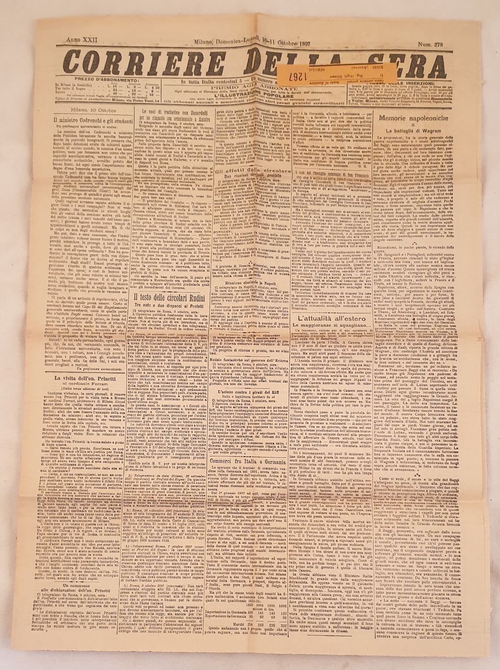 CORRIERE DELLA SERA MILANO DOMENICA LUNEDI 10 11 OTTOBRE 1897