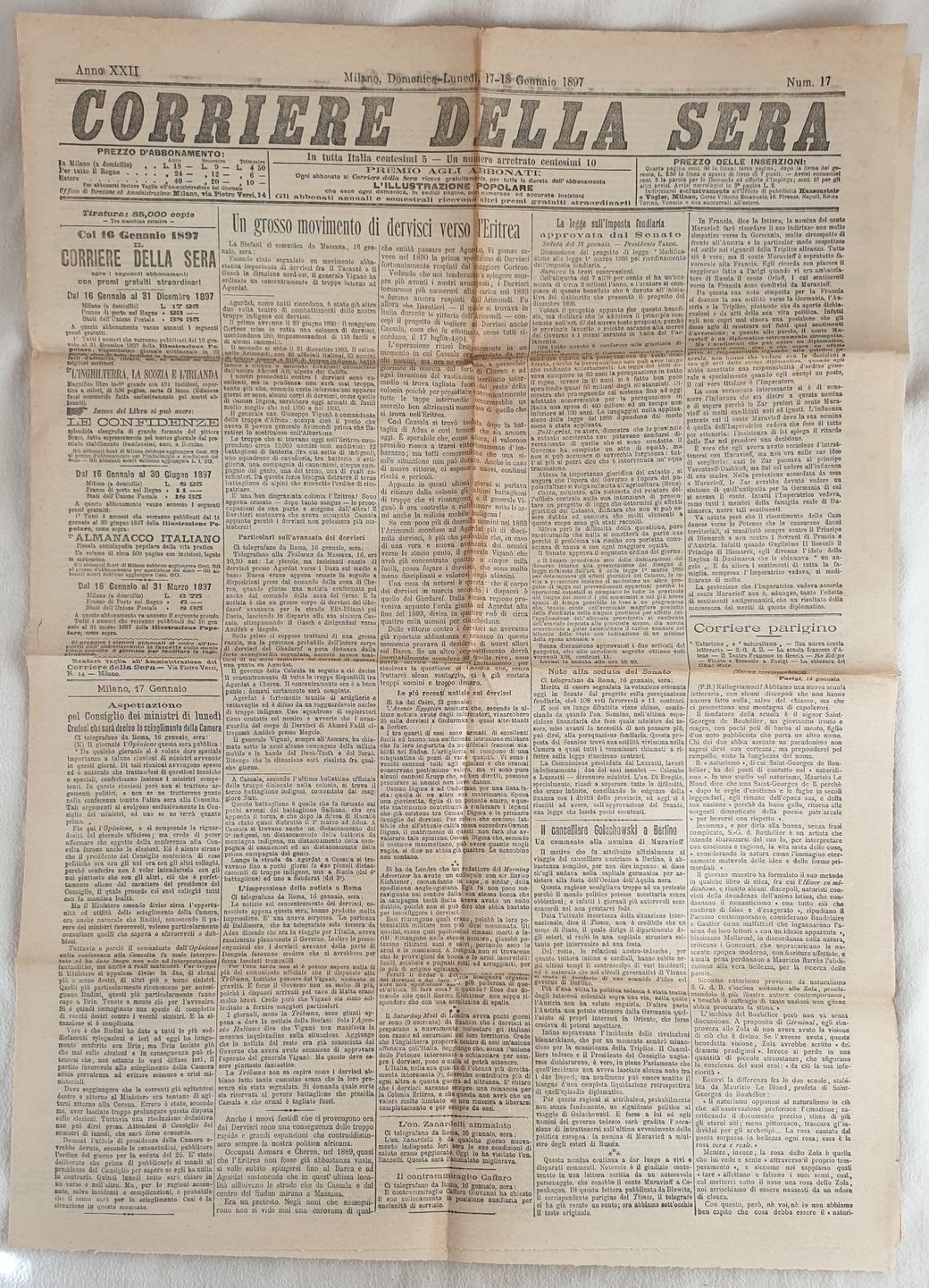 CORRIERE DELLA SERA MILANO DOMENICA LUNEDI 17 18 GENNAIO 1897