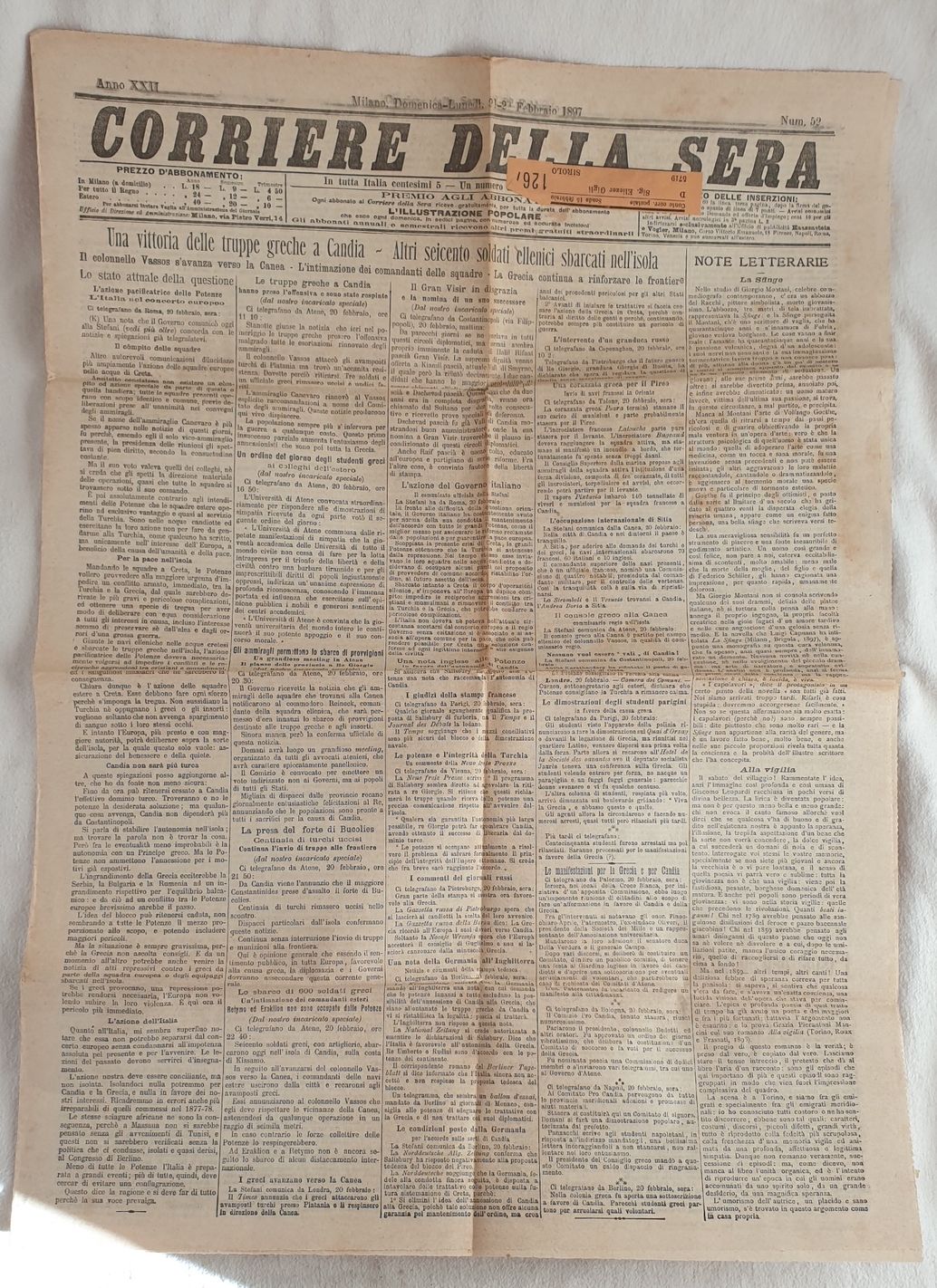 CORRIERE DELLA SERA MILANO DOMENICA LUNEDI 21 22 FEBBRAIO 1897