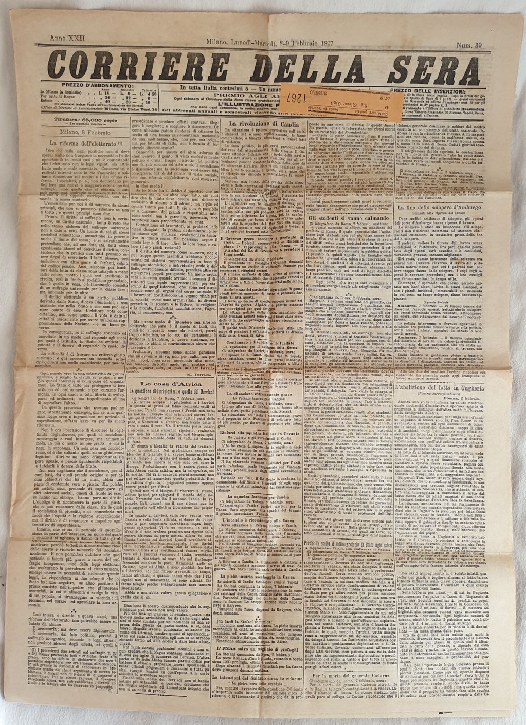 CORRIERE DELLA SERA MILANO DOMENICA LUNEDI 8-9 FEBBRAIO 1897