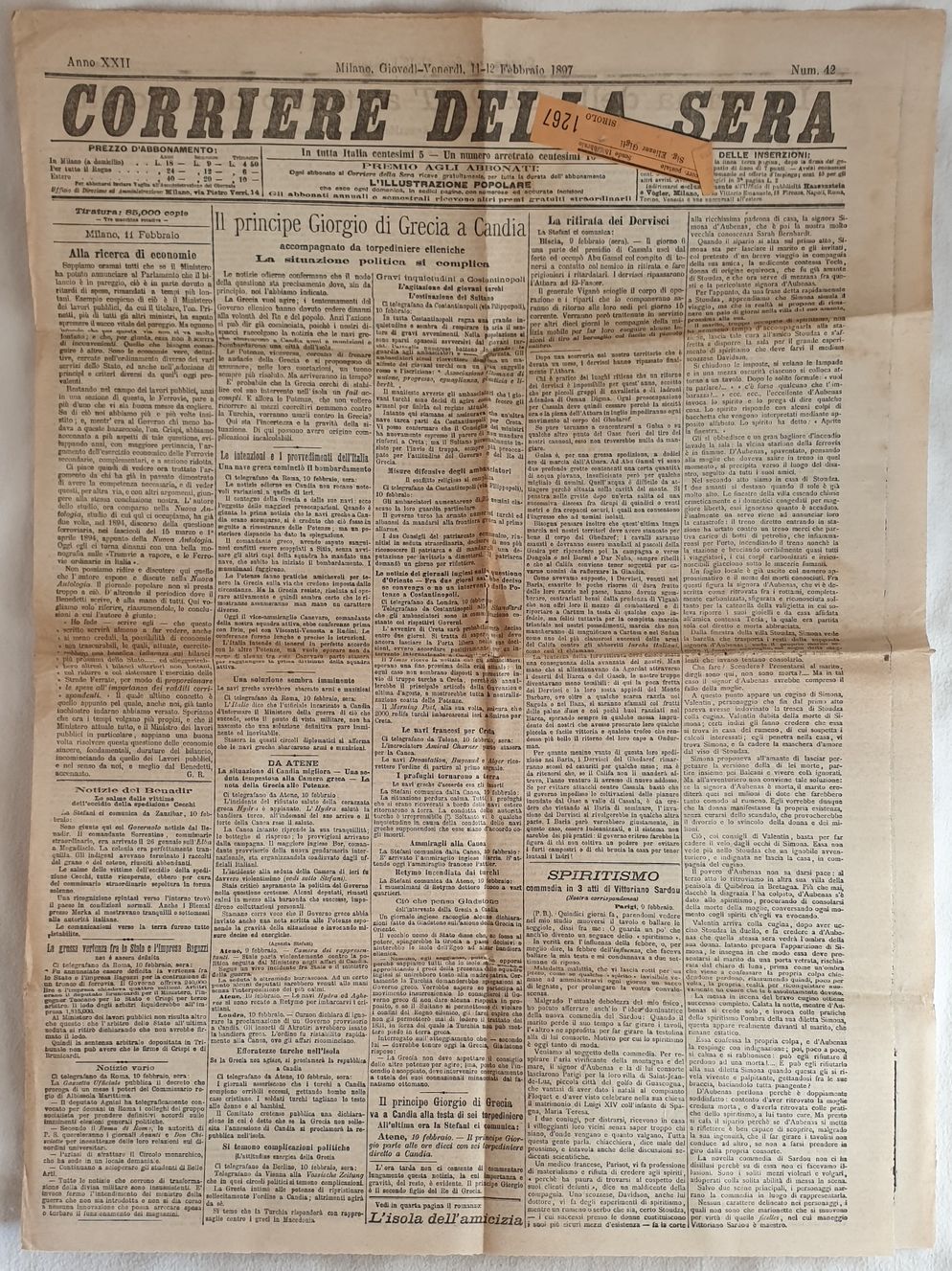 CORRIERE DELLA SERA MILANO GIOVEDI VENERDI 11 12 FEBBRAIO 1897