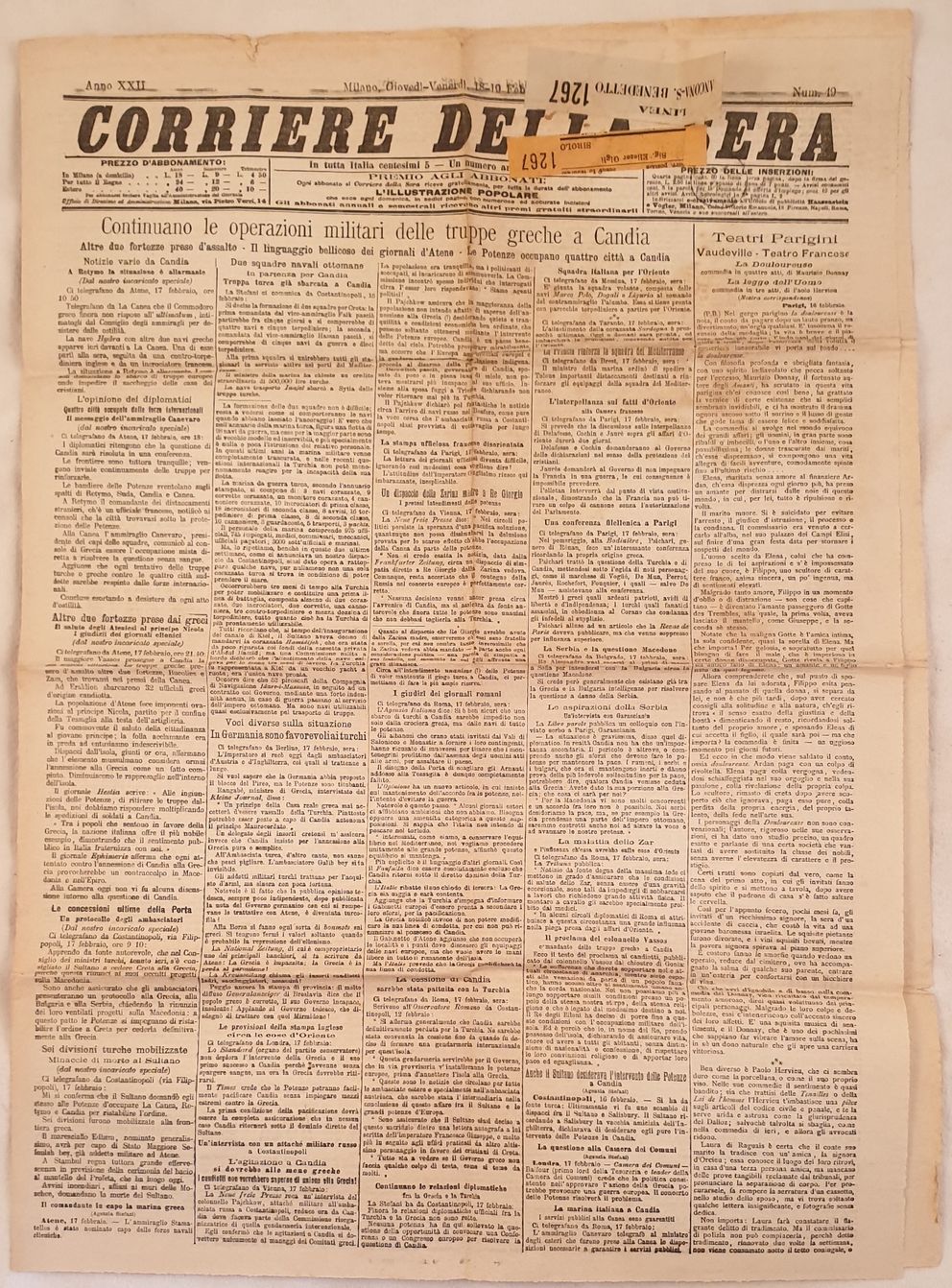 CORRIERE DELLA SERA MILANO GIOVEDI VENERDI 18 19 FEBBRAIO 1897