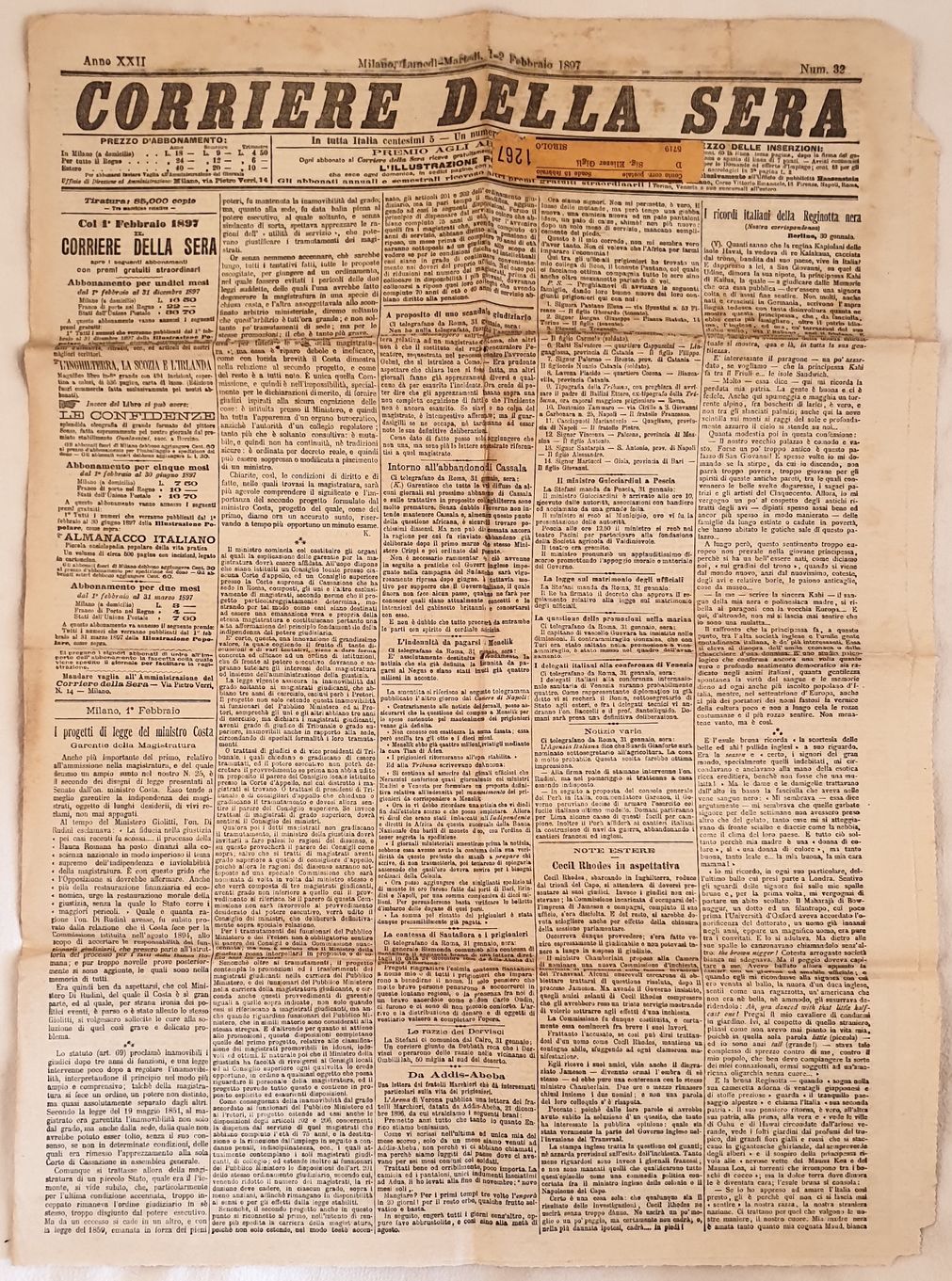 CORRIERE DELLA SERA MILANO LUNEDI MARTEDI 1 2 FEBBRAIO 1897