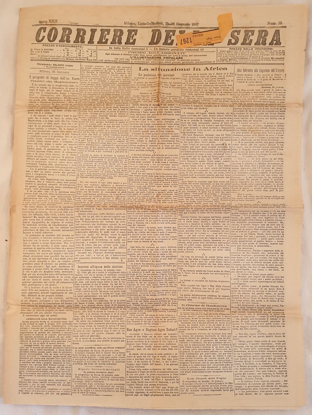 CORRIERE DELLA SERA MILANO LUNEDI MARTEDI 25 26 GENNAIO 1897