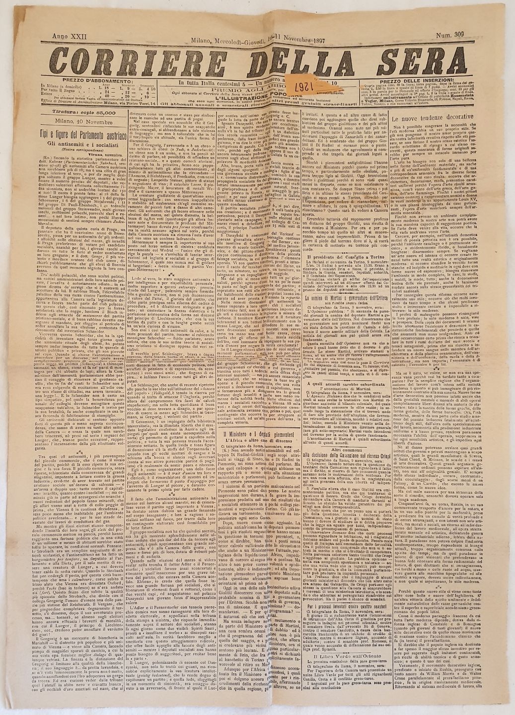 CORRIERE DELLA SERA MILANO MERCOLEDI GIOVEDI 10 11 NOVEMBRE 1897