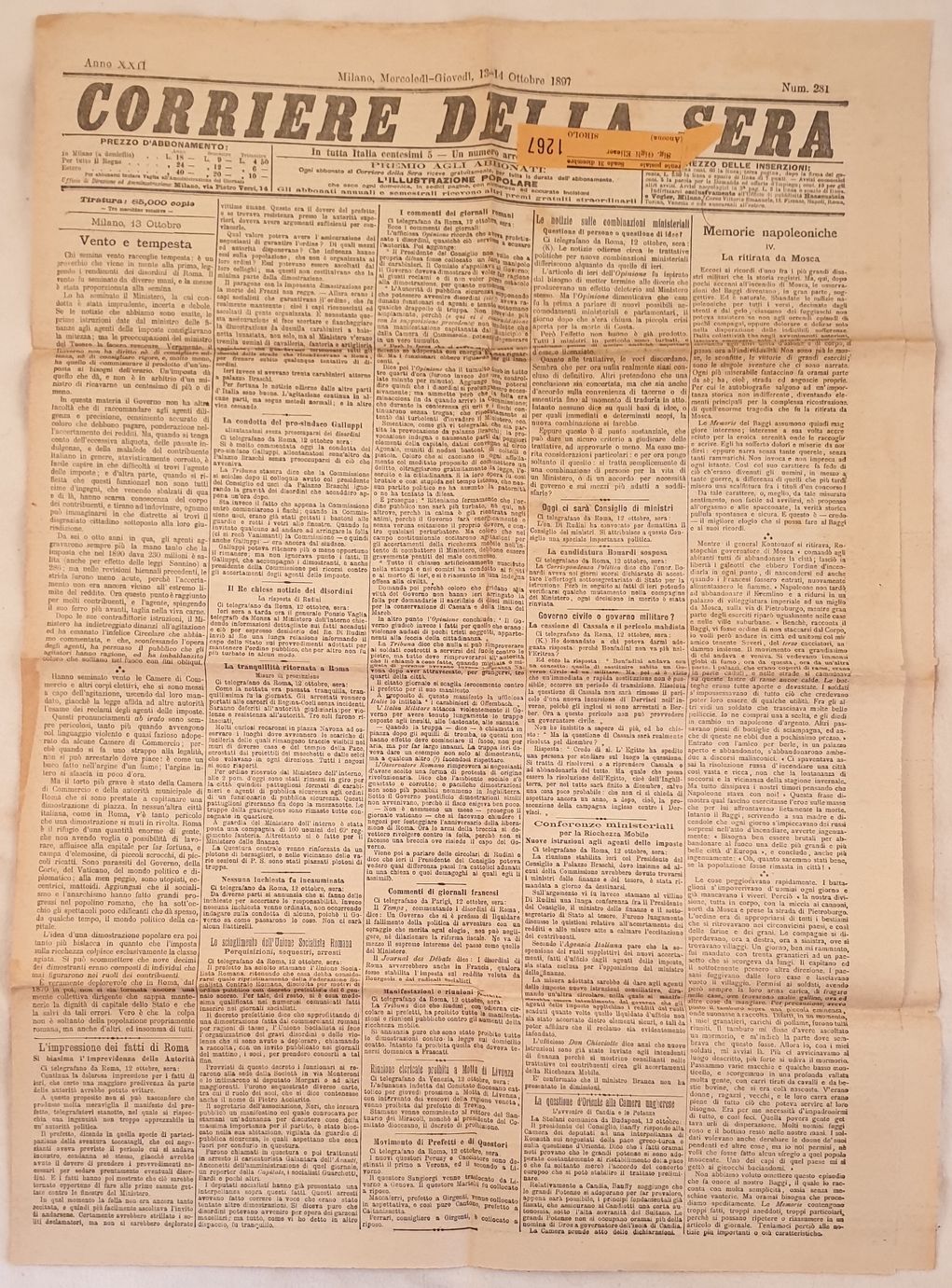CORRIERE DELLA SERA MILANO MERCOLEDI GIOVEDI 13 14 OTTOBRE 1897