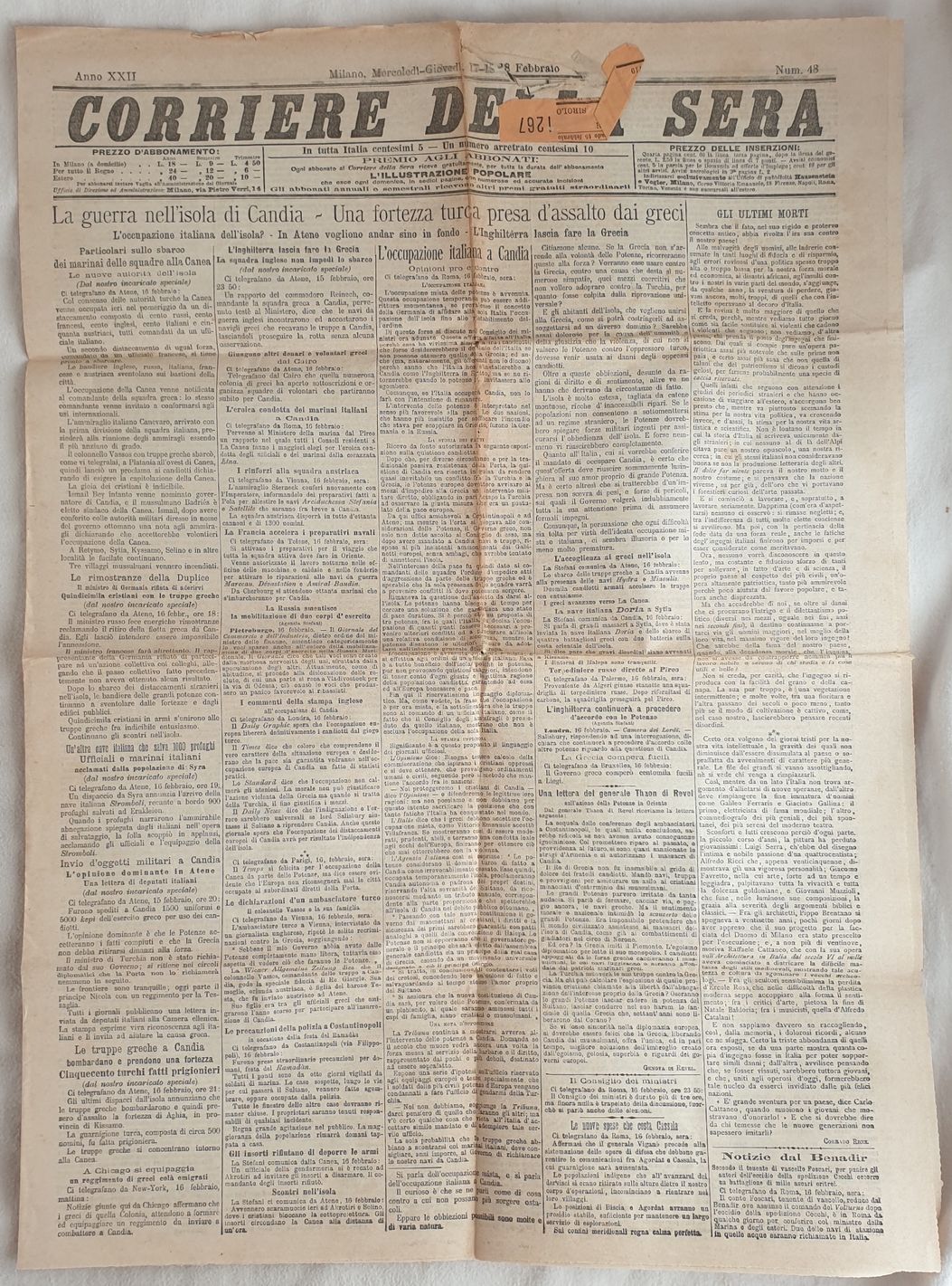 CORRIERE DELLA SERA MILANO MERCOLEDI GIOVEDI 17 18 FEBBRAIO 1897