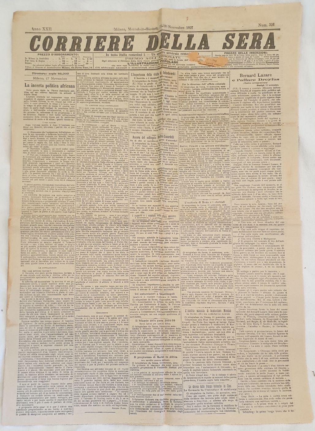 CORRIERE DELLA SERA MILANO MERCOLEDI GIOVEDI 17 18 NOVEMBRE 1897