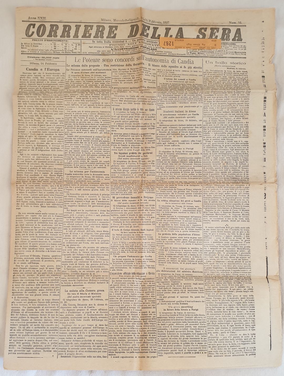 CORRIERE DELLA SERA MILANO MERCOLEDI GIOVEDI 24 25 FEBBRAIO 1897