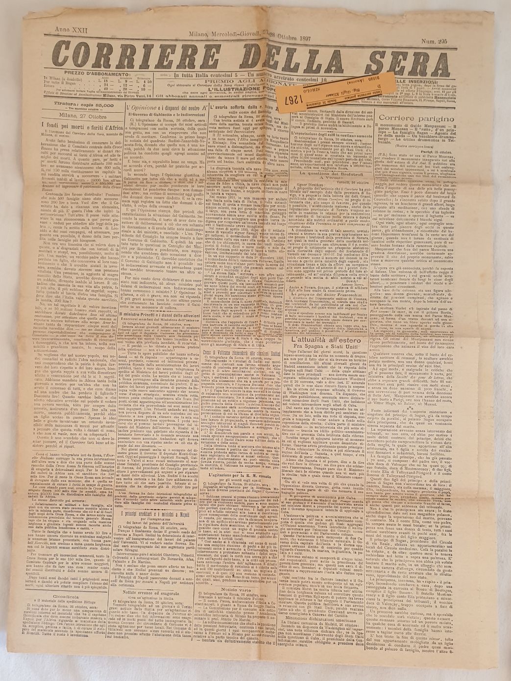 CORRIERE DELLA SERA MILANO MERCOLEDI GIOVEDI 27 28 OTTOBRE 1897