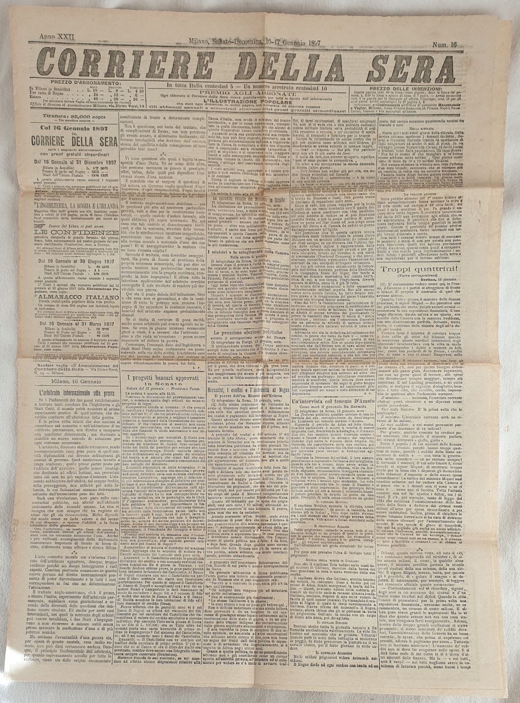 CORRIERE DELLA SERA MILANO SABATO DOMENICA 16 17 GENNAIO 1897