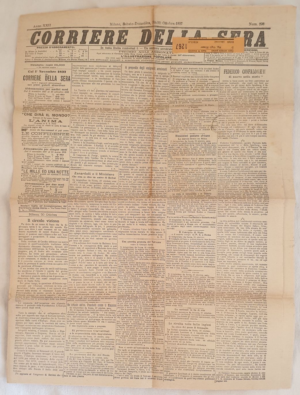 CORRIERE DELLA SERA MILANO SABATO DOMENICA 30-31 OTTOBRE 1897
