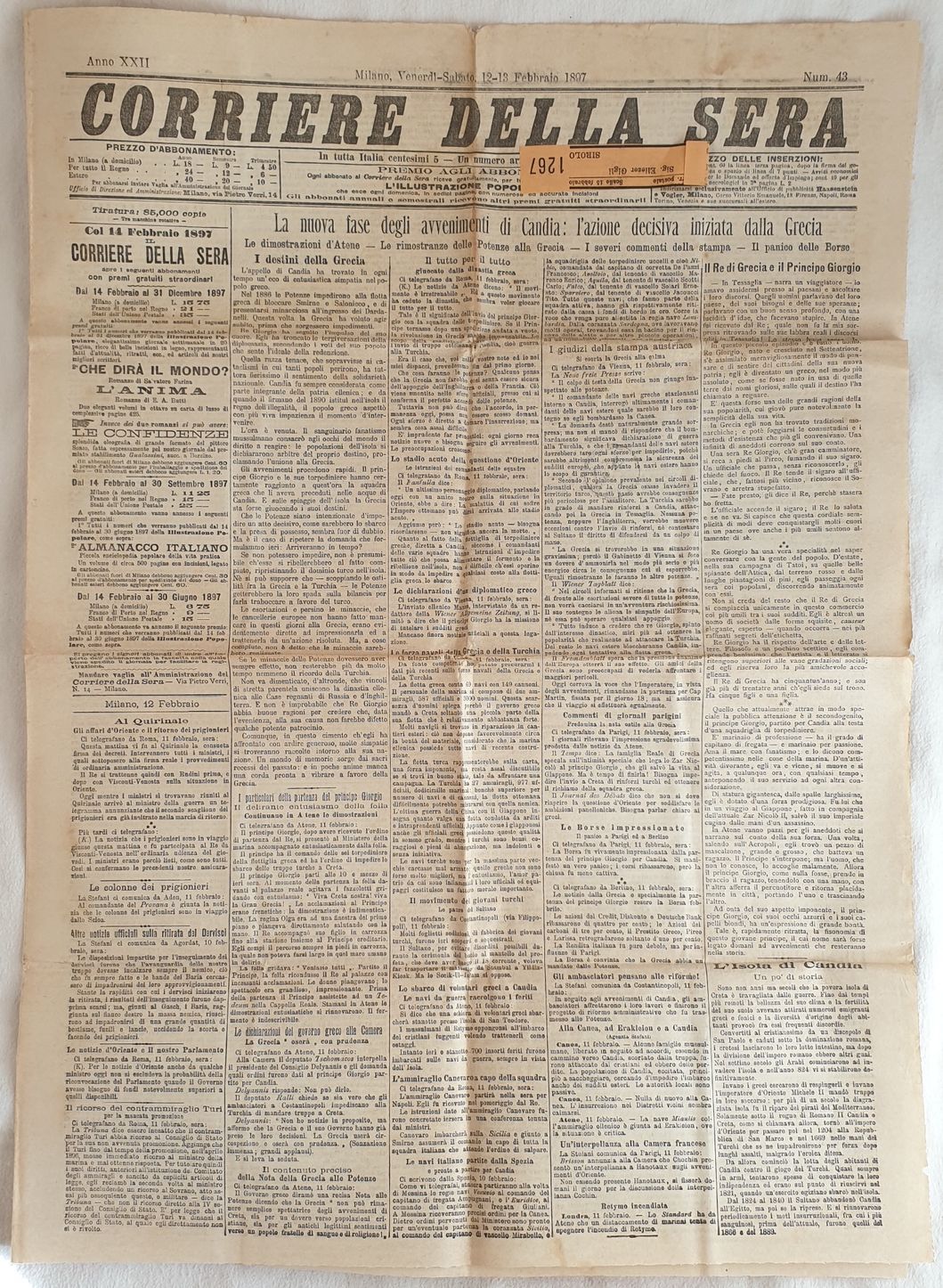 CORRIERE DELLA SERA MILANO VENERDI SABATO 12 13 FEBBRAIO 1897