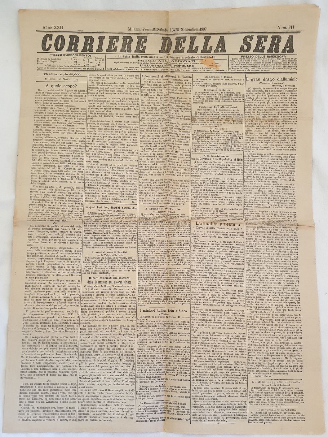 CORRIERE DELLA SERA MILANO VENERDI SABATO 12 13 NOVEMBRE 1897