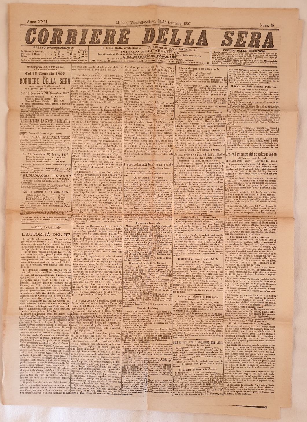 CORRIERE DELLA SERA MILANO VENERDI SABATO 15-16 GENNAIO 1897