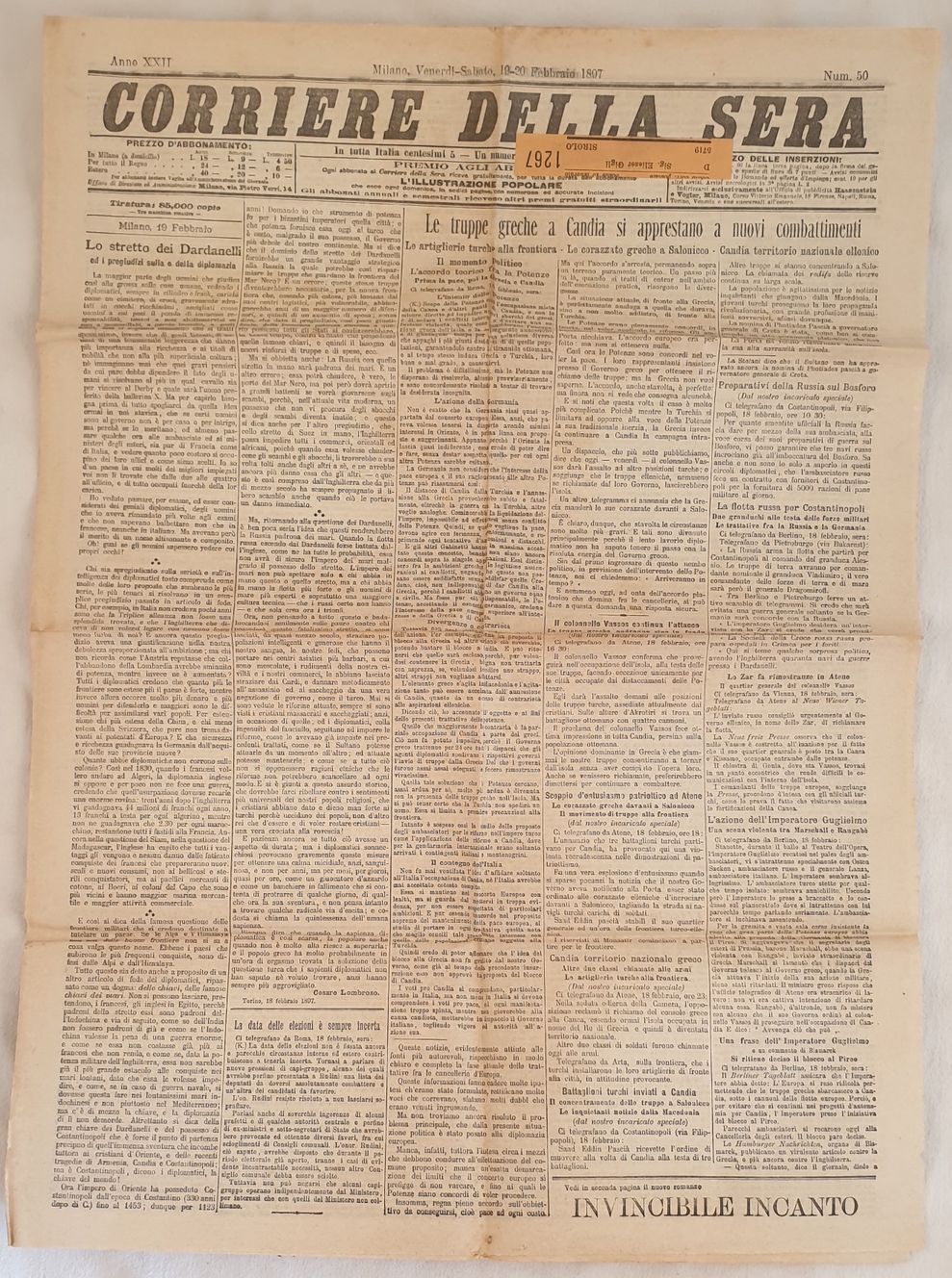 CORRIERE DELLA SERA MILANO VENERDI SABATO 19 20 FEBBRAIO 1897