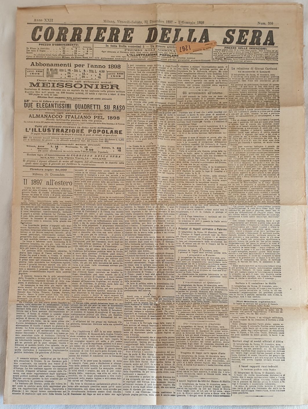 CORRIERE DELLA SERA MILANO VENERDI SABATO 31 DICEMBRE 1897 1 …