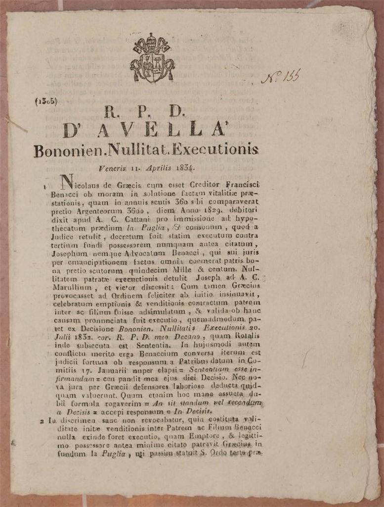 D'AVELLA BONONIEN. NULLITAT. EXECUTIONIS VENERIS 11 APRILIS 1834