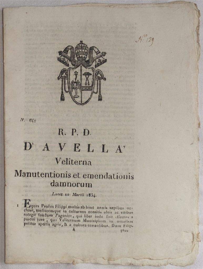 D'AVELLA VELITERNA MANUTENTIONIS ET EMENDATIONIS DAMNORUM LUNOE 10 MARTII 1834