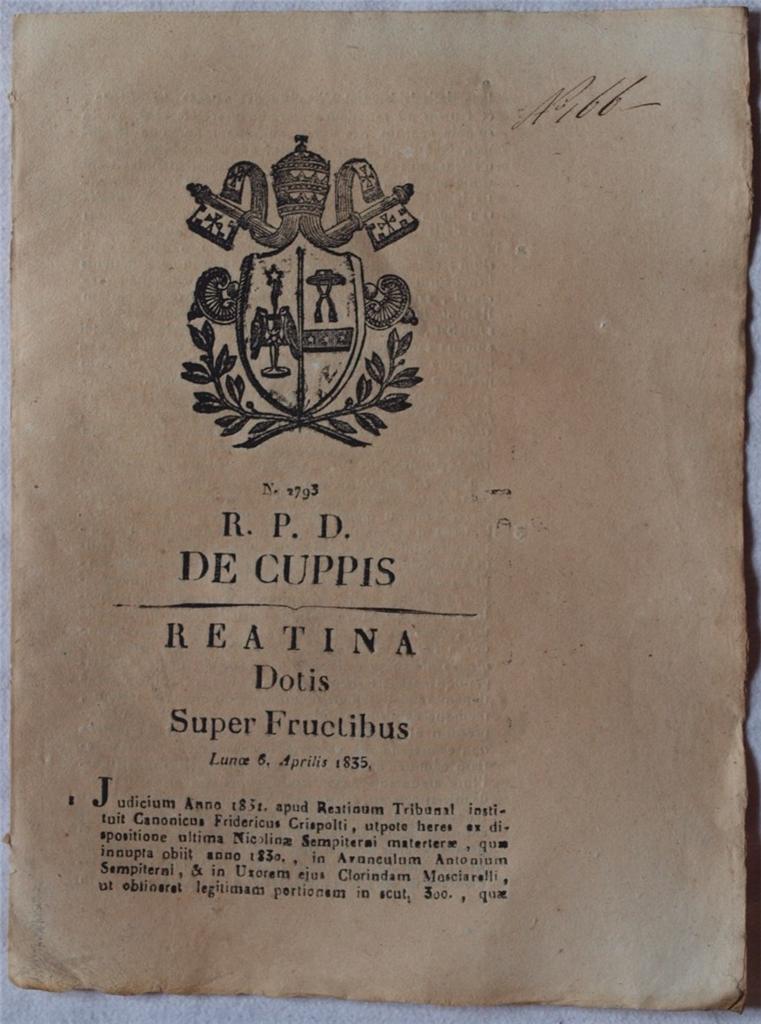 DE CUPPIS REATINA DOTIS SUPER FRUCTIBUS LUNOE 6 APRILIS 1835