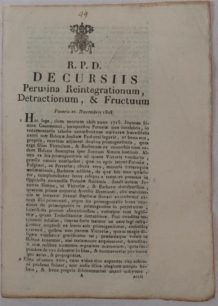 DE CURSIIS PERUSINA REINTEGRATIONUM,vDETRACTIONUM, & FRUCTUUMvVENERIS 21 NOVEMBRIS 1828