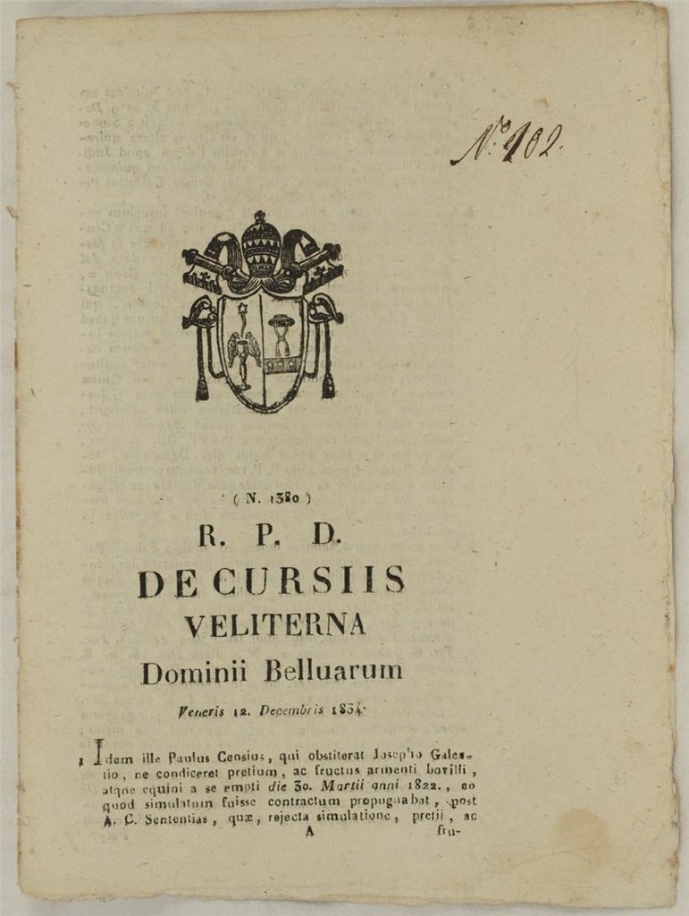 DE CURSIIS VELITERNA DOMINII BELLUARUM VENERIS 12 DECEMBRIS 1834