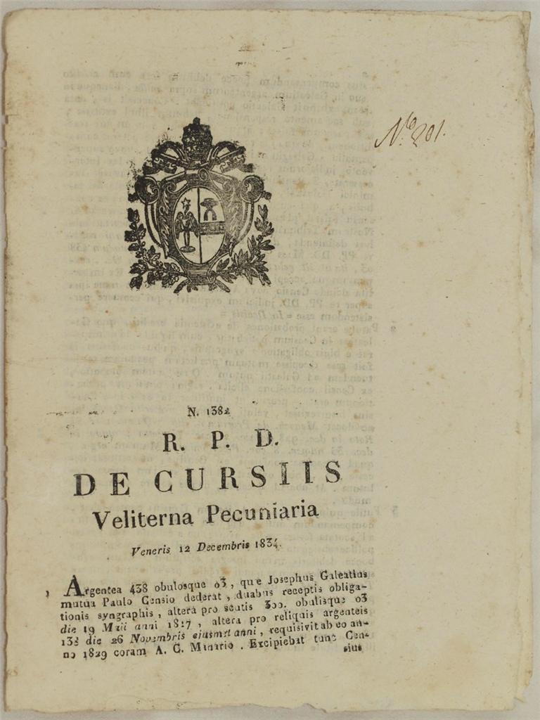 DE CURSIIS VELITERNA PECUNIARIA VENERIS 12 DECEMBRIS 1834