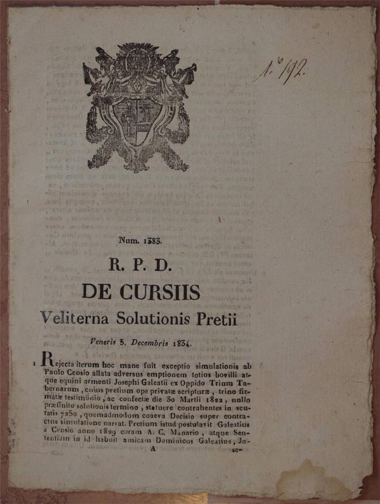 DE CURSIIS VELITERNA SOLUTIONIS PRETII VENERIS 5 DECEMBRIS 1834