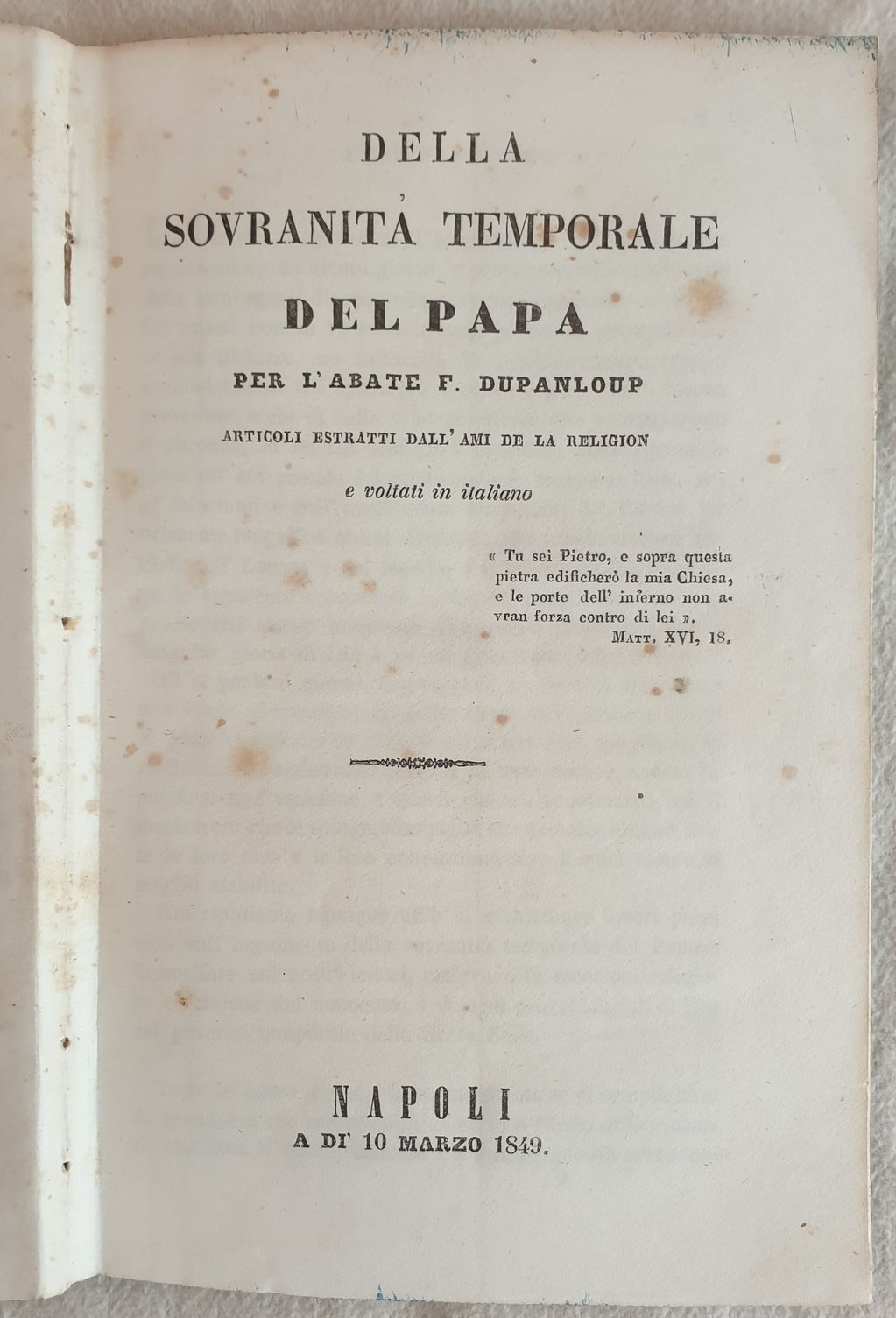 DELLA SOVRANITA TEMPORALE DEL PAPA ARTICOLI ESTRATTI DALL'AMI DE LA …