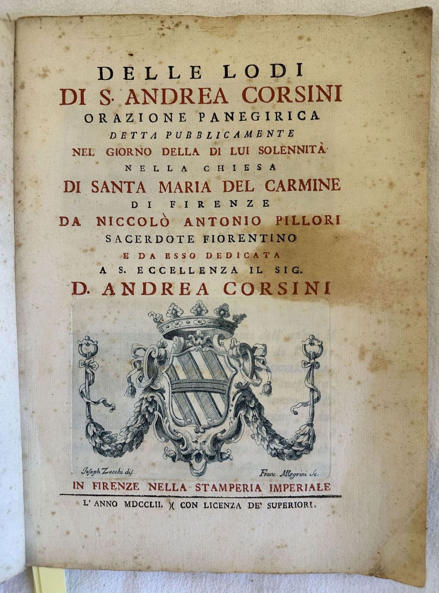 DELLE LODI DI S. ANDREA CORSINI ORAZIONE PANEGIRICA DETTA PUBBLICAZIONE …