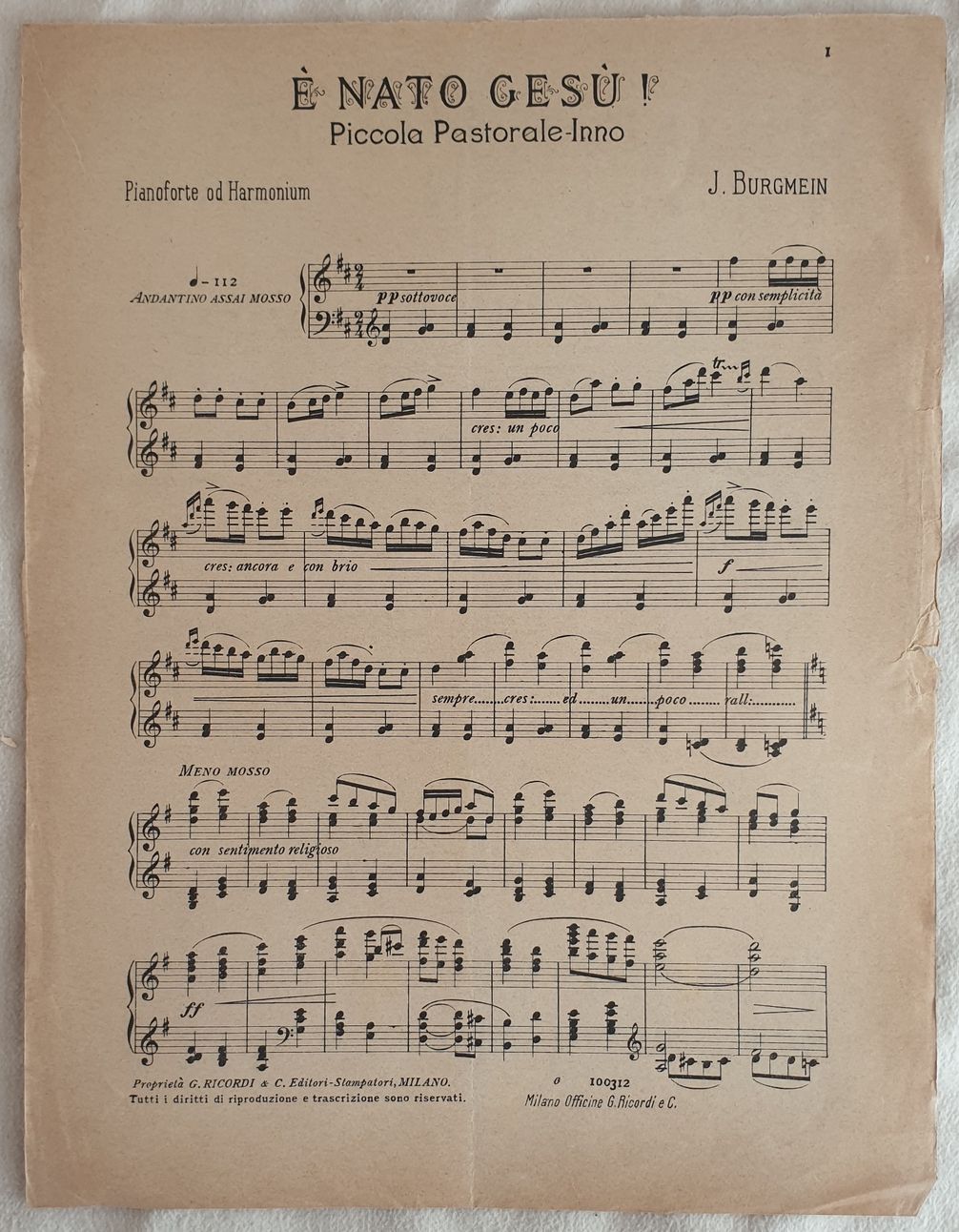 E NATO GESU" PICCOLA PASTORALE INNO PIANOFORTE OD HARMONIUM