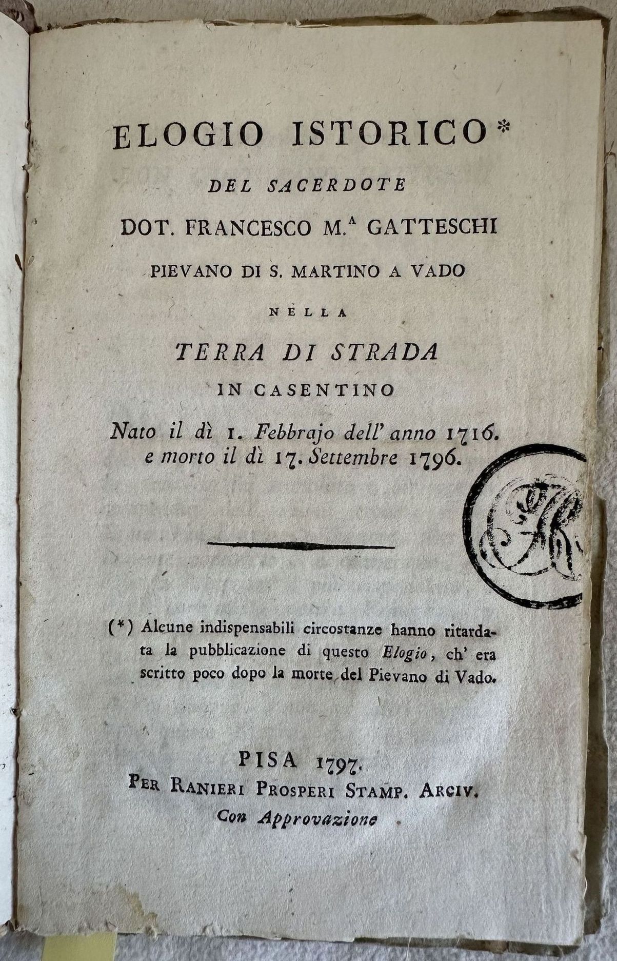 ELOGIO ISTORICO DEL SACERDOTE DOT. FRANCESCO M. GATTESCHI PIEVANO DI …