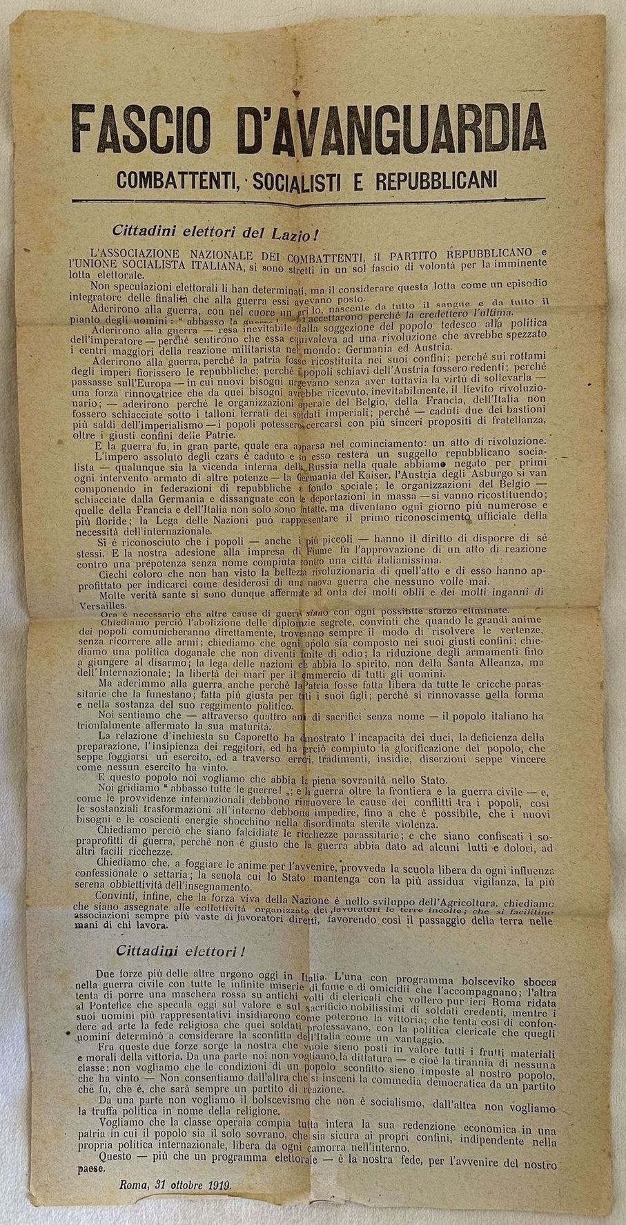 FASCIO D'AVANGUARDIA COMBATTENTI SOCIALISTI E REPUBBLICANI ROMA 31 OTTOBRE 1919
