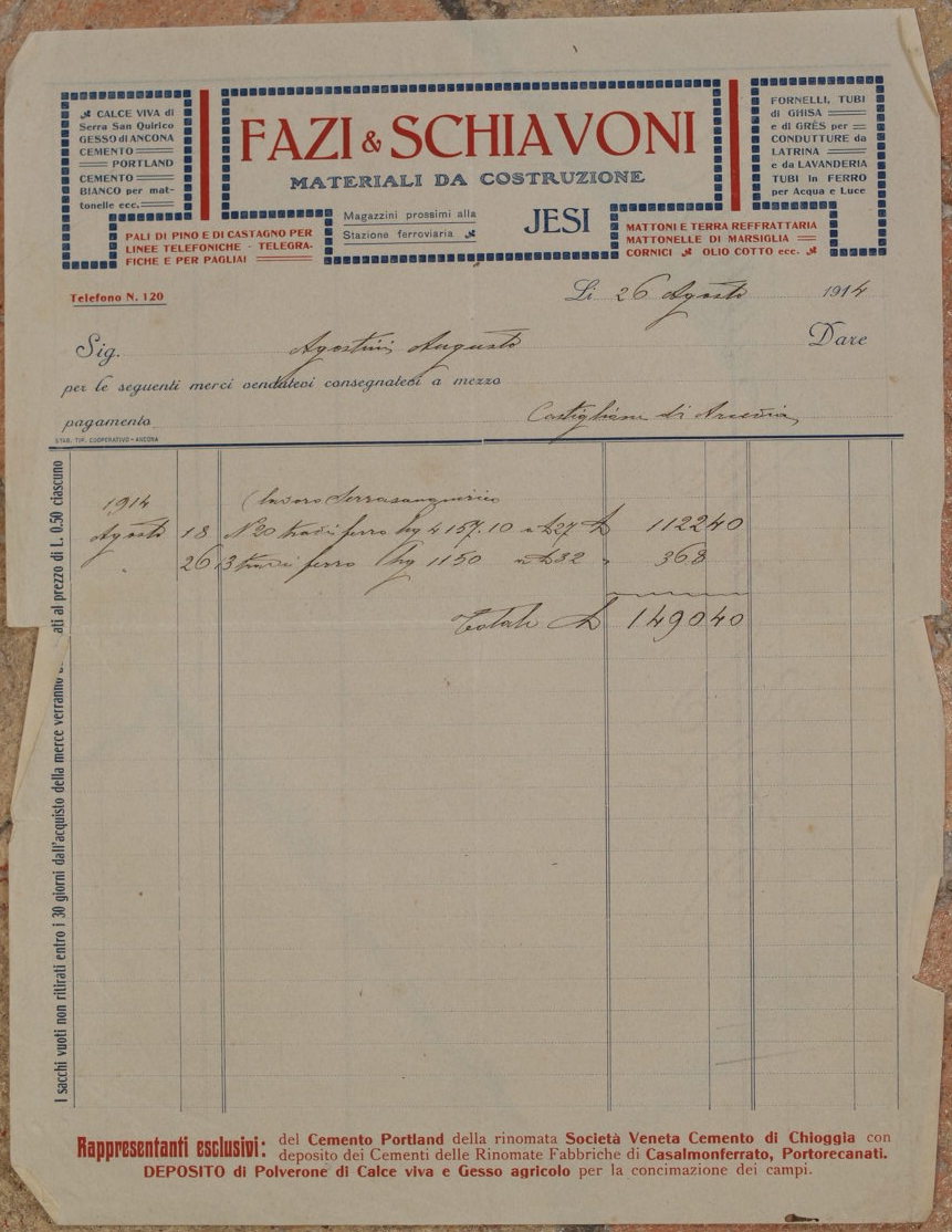 FAZI E SCHIAVONI MATERIALI DA COSTRUZIONE JESI 26 AGOSTO 1914