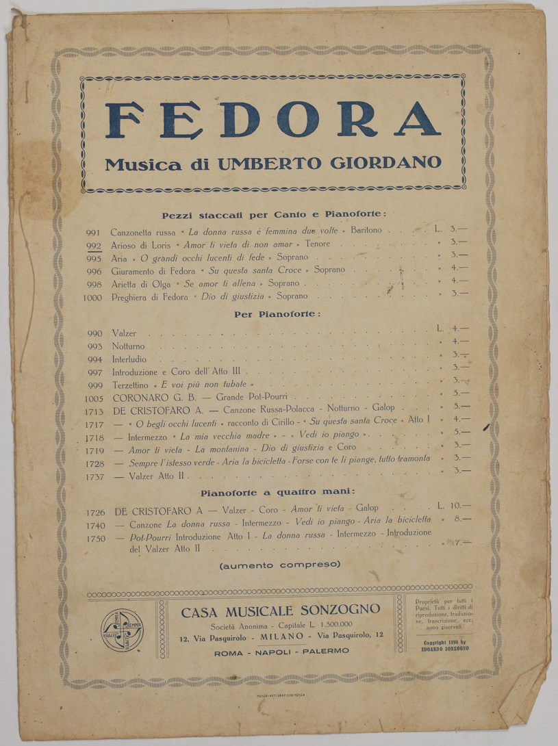 FEDORA MUSICA DI UMBERTO GIORDANO