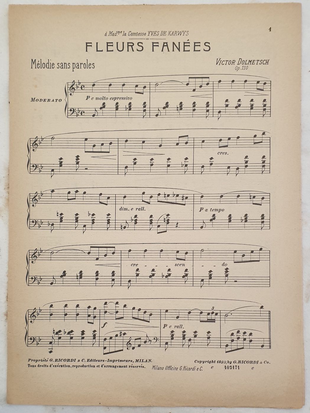 FLEURS FANEES MELODIE SANS PAROLES VICTOR DOLMETSCH OP. 110