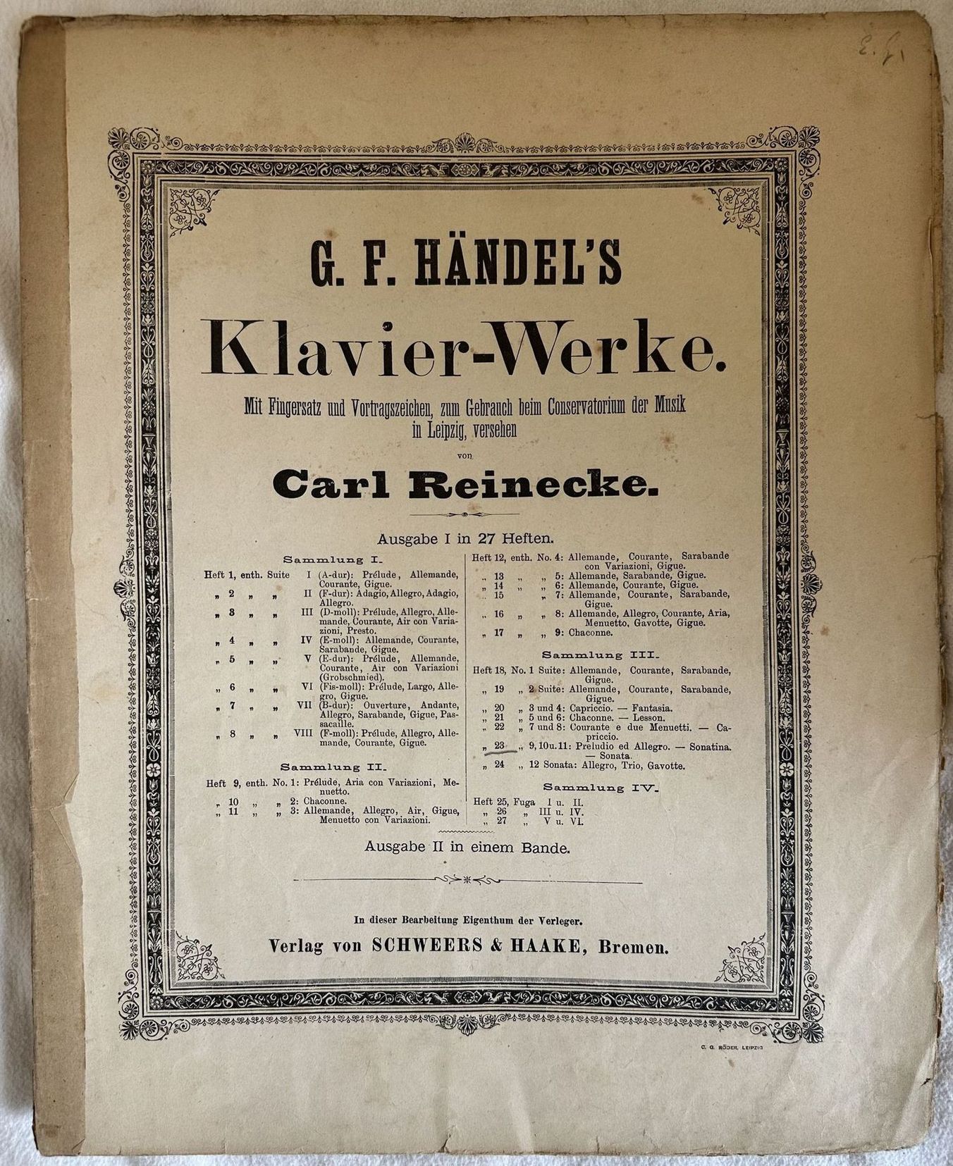 G.F. HANDEL'S KLAVIER-WERKE VON CARL REINECKE SAMMLUNG III HEFT 23 …